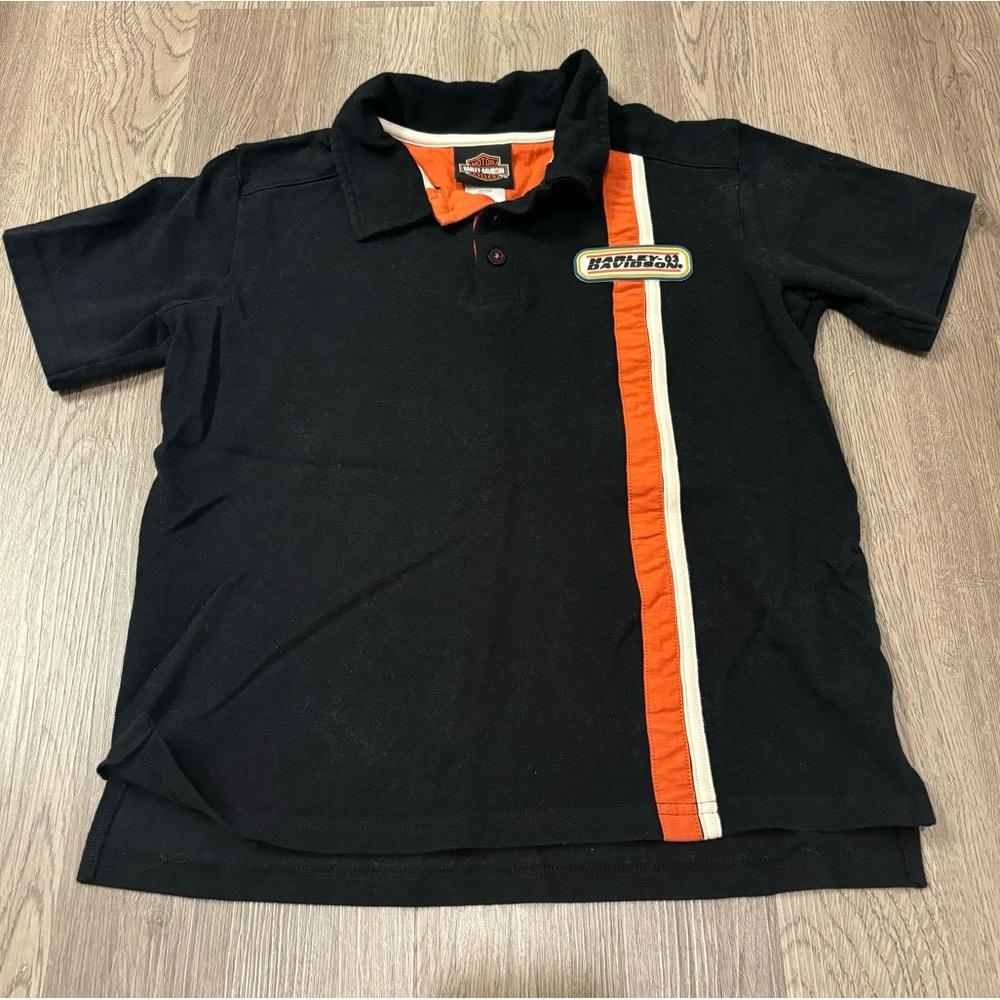Vtg Harley‎ Davidson Polo Shirt Retro Black/Orange Stripe Logo Boys XL (12-14)